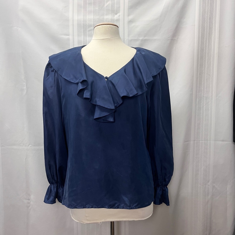 Spenser Jeremy Women Navy Blue Silk Ruffle Blouse M Boho Cottage Romantic Vtg